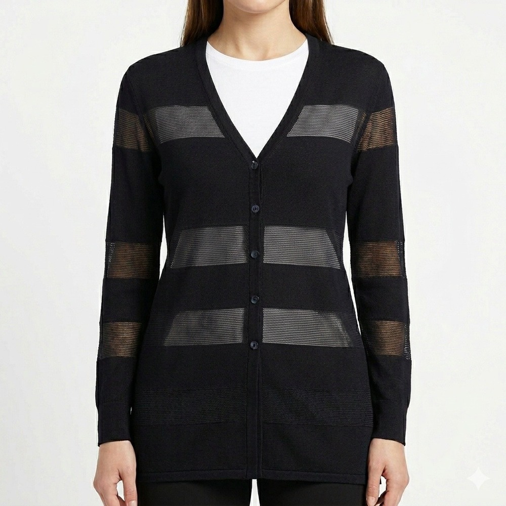 ESCADA Semi-Sheer Striped Button Front Cardigan Black Women Size 38 V-Neck Knit